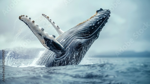 A humpback whale leaps out of the ocean, displaying its massive body and powerful movement
