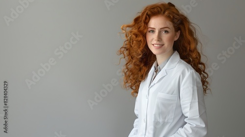 Red-haired female scientist posing in a white lab coat. Simple background with a focus on style and professionalism. Ideal for medical or science themes. AI