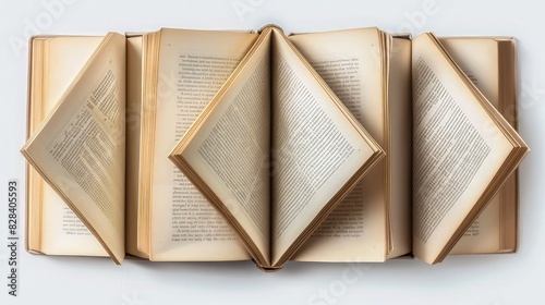 An array of four open books with empty pages, each positioned to form a cross pattern, offering a unique perspective and design option on a transparent background.