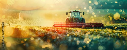 A tractor is driving through a field of crops. The sun is shining brightly, and the field is lush and green. The tractor is a John Deere, and it is pulling a harvester behind it. The scene is peaceful