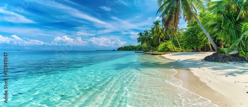 Stunning tropical beach with crystal-clear waters and palm trees, vacation theme, vibrant, Overlay, exotic paradise backdrop