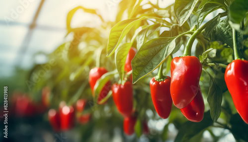 A bunch of red peppers hanging from a plant
