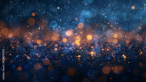 Panoramic New Year banner with sparklers and golden bokeh lights against a dark blue night sky, ample space for text in center