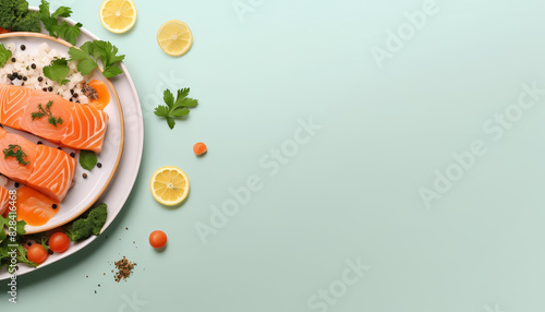 A plate of food with a piece of salmon on it