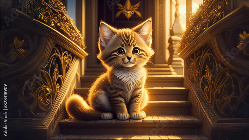 Mały kot, kotek siedzi na schodach przed wejściem do domu