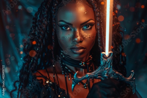 Portrait fantasy African American woman warrior holding magic weapon glowing sword weapon in hand. Dark queen girl in black military dress. Gothic lady elf fairy magician