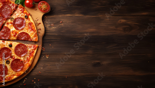 A slice of pepperoni pizza is cut in half and placed on a table