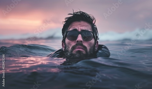 Cool adult man with sunglasses floating in serene waters at sunset
