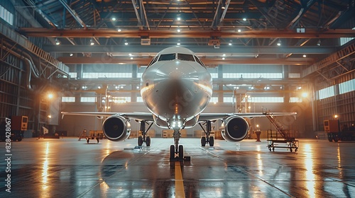 Passenger aircraft undergoing engine and fuselage maintenance in an airport hangar. Ample text copy space
