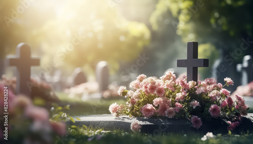 A cemetery with a cross and a casket with flowers on top