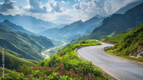 (wide-angle view,Bottom view,forty-five degree angle on front,)automotive photographyï¼ŒA Chinese model of electric car, Driving frontal on winding mountain road with green mountains and rivers around