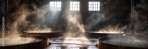 Steam billows out of vats of tanning solution in a dramatic low-angle shot, evoking the sensory experience of a tannery in action