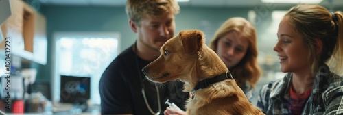 A dog sits on a leash while people watch as it receives a vaccination from a veterinarian, showing trust