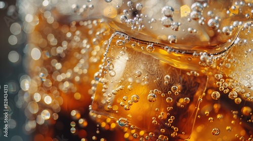 Cola with ice, close-up of fizzing bubbles in a glass. Ice cubes floating in carbonated cola, creating a refreshing cold drink texture.