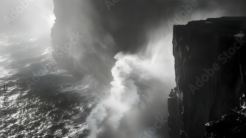 High-contrast image of a coastal cliff with waves crashing at its base, with light and shadow creating a sense of scale and power.