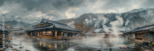 Painting depicting a Japanese village surrounded by mountains, featuring steam pouring out of thermal pools in an onsen bathhouse