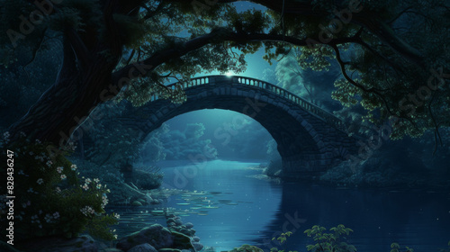 a bridge is seen through a tree in the night, in the style of traditional animation, romantic riverscapes 