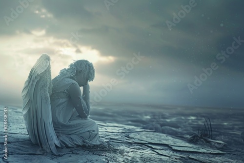 Two angels sitting on a rock, suitable for religious or spiritual themes