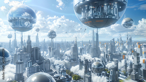 A futuristic city with tall buildings and flying cars. People are walking in the foreground.