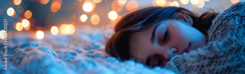 Young girl sleeping on a blanket with lights in the background