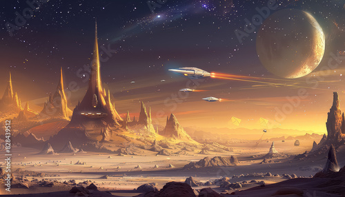 A space scene with a large planet in the background