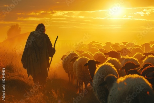 A man with a staff guiding a flock of sheep. Suitable for agricultural and livestock themes