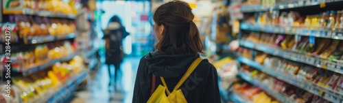 Woman walking down a grocery aisle with a yellow bag