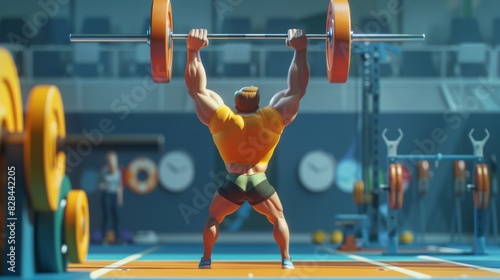 3D cartoon weightlifter lifting barbell, Olympics. Dynamic pose, determined expression, and powerful physique. 