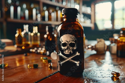 A bottle with a skull and crossbone symbol. Suitable for warning signs or Halloween designs