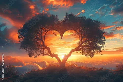 Drzewo w kształcie serca na tle zachodu słońca