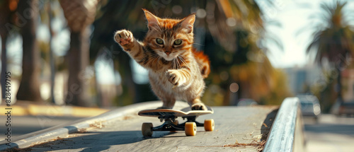 Playful Anthropomorphic Cat Skateboarding in Miami Under the Sunny Skies, Wearing Casual Clothes and Flaunting Fluffy Fur
