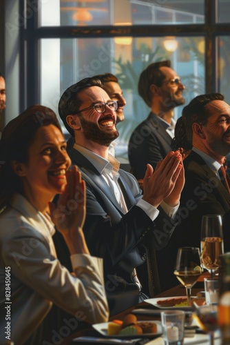A group of people sitting at a table, clapping. Suitable for business meetings or celebrations