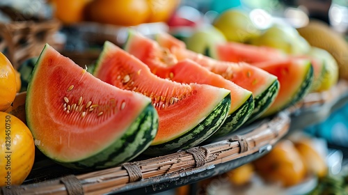 Close-up of a variety of sliced watermelons, showing juicy red flesh and green rind.