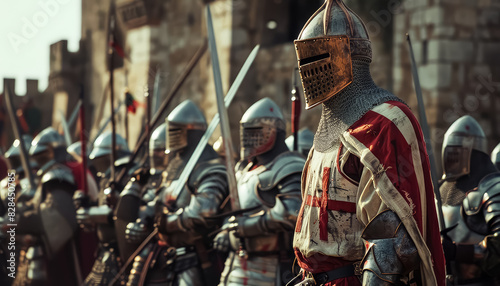 A group of knights are standing in a line, each holding a sword