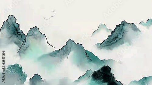 https://s.mj.run/wSGHVaZ8QEI Chinese style landscape painting, white background, minimalist lines, turquoise and gray gradient mountains with small moon in the sky, ink wash, delicate brushstrokes, hi