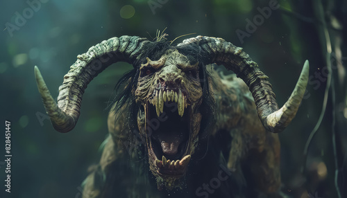 A monster with horns and a mouth full of teeth