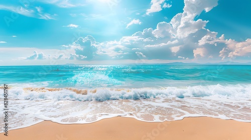 Summer vacation, tropical beach with blue sky and sea for relaxation, panoramic beach background, summer holiday with beautiful nature sand, sunlight, ocean water 