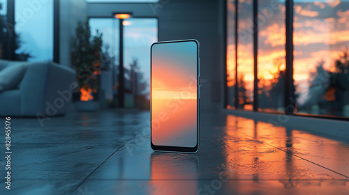 A cell phone is displayed in a room with a sunset in the background