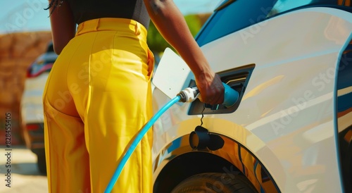Woman in Yellow Pants Pumping Gas Into Yellow Car
