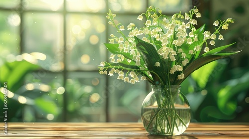 Lily of the valley in a vase on wooden table
