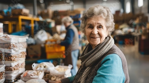 Senior Volunteering Focus on an elderly woman volunteering at a food bank with a community center background, empty space center for text