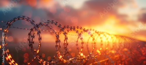 Barbed wire fence silhouetted against sunset