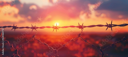 Sun setting behind barbed wire fence