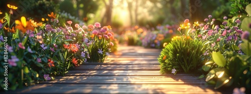 Stone pathway surrounded by lush greenery leading to a vibrant garden bursting with colorful flowers.
