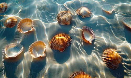 Group of seashells on sandy beach