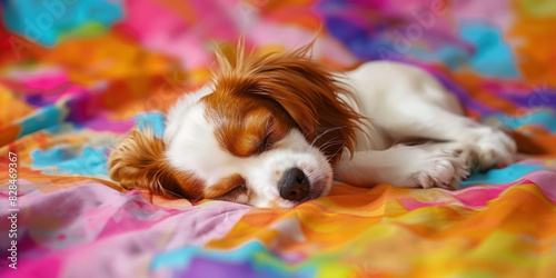 Cute sleeping golden and white dog on colorful fabric