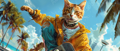 Anthropomorphic cat skateboarding along the Miami waterfront, dressed casually on a sunny day, highlighting urban leisure and scenic views