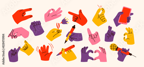 Set of hands with different gestures and objects in different poses. A hand holds a microphone, a telephone, points with a finger, gestures, writes. Bright cartoon stickers in retro 90s groovy style