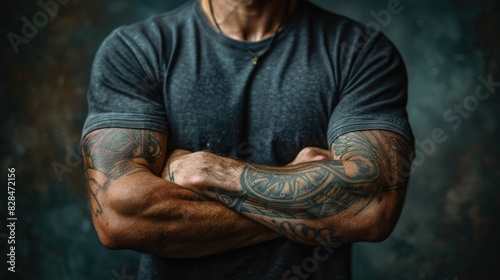 Tattooed man standing with arms crossed
