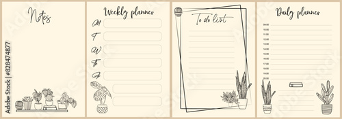 Set of weekly, daily planner pages, notes and to do list templates decorated by hand drawn house plant sketches. Modern scheduler or organizer. Vector monochrome illustrations. 